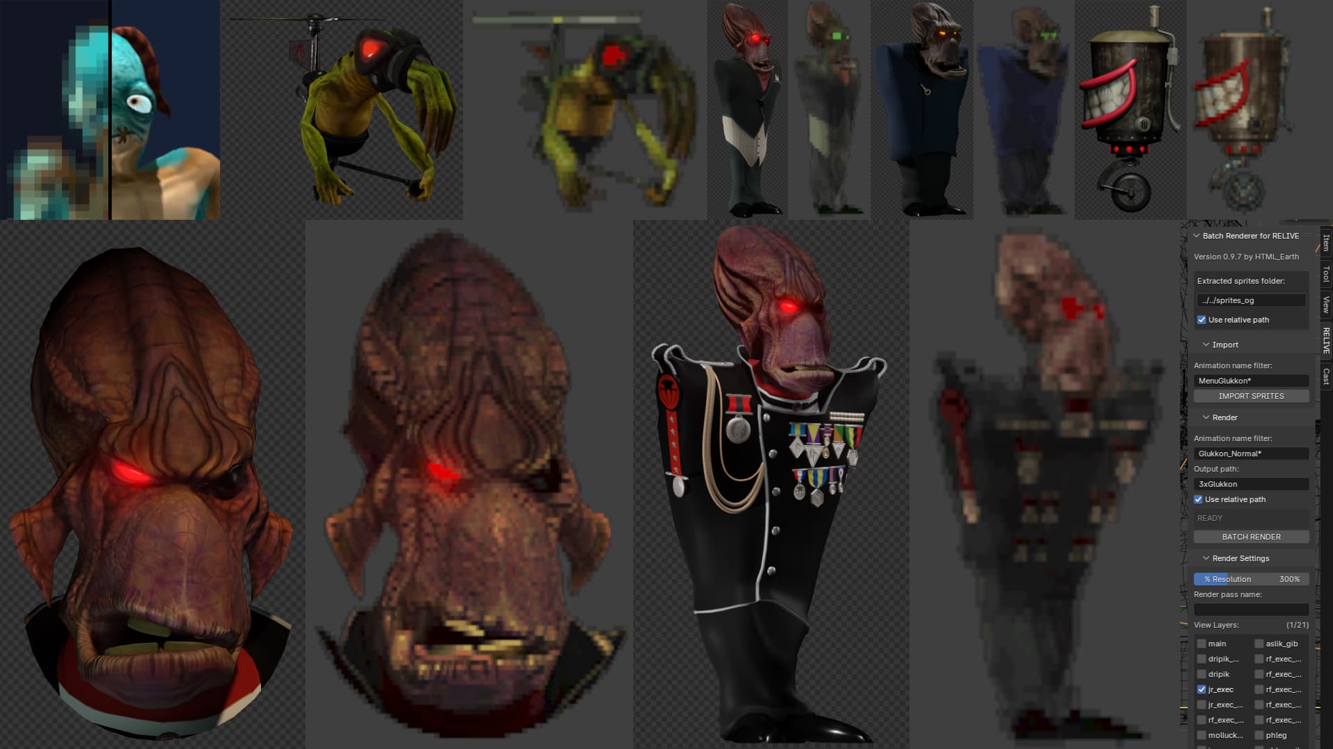 Comparisons of various original Oddworld character sprites and their HD counterparts.