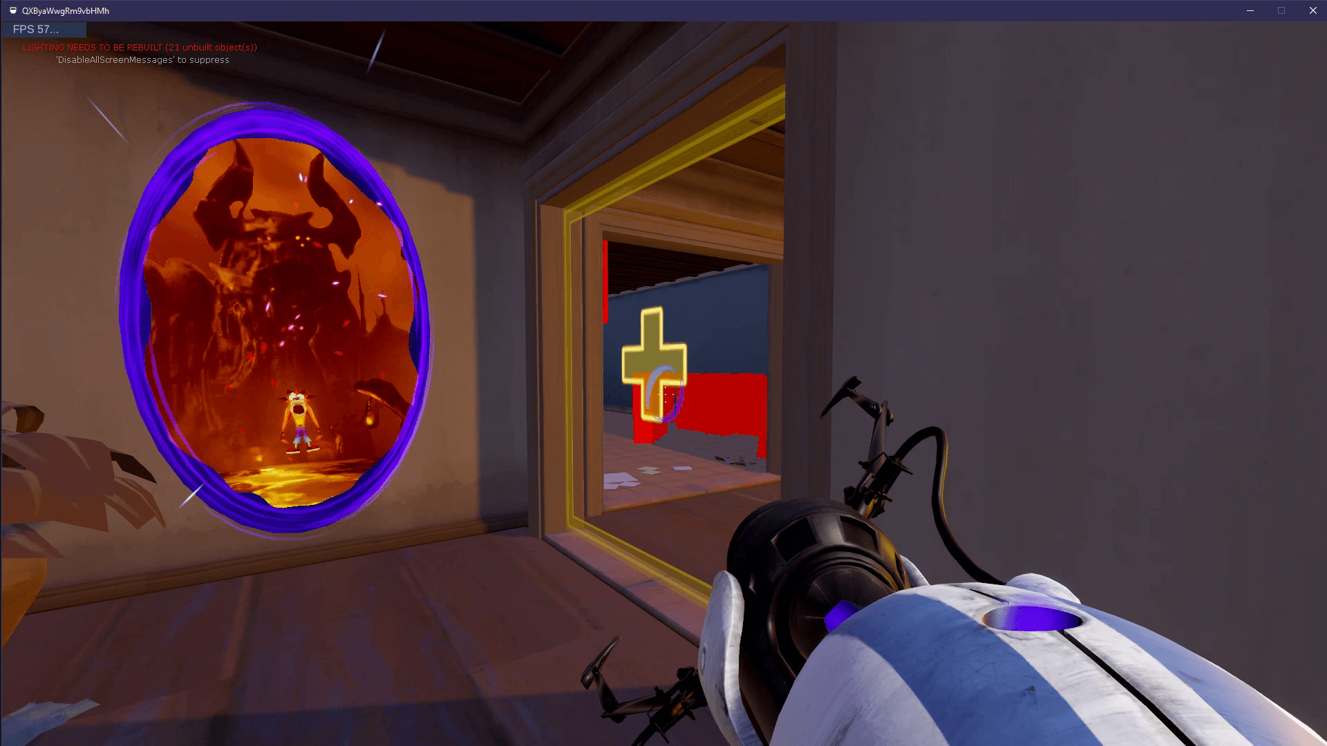 Standing by a Route 66 spawn room from Overwatch, holding a portal gun from Portal 2. There's a portal leading to Hell from Doom 2016, and Crash bandicoot is standing in it.