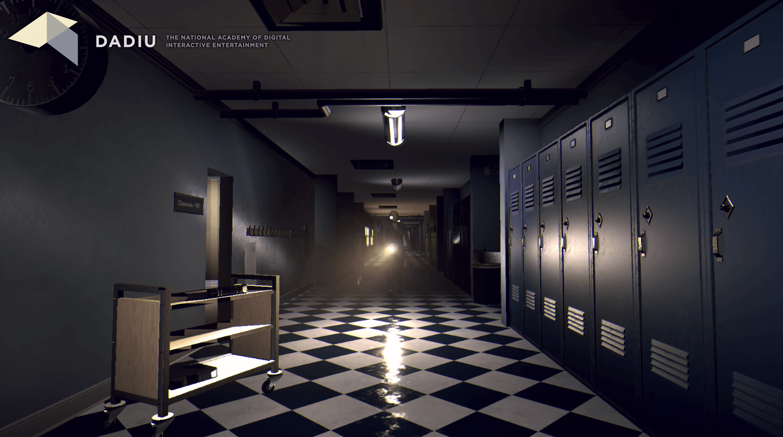 Facing down a dark school hallway. The figure of a janitor is shining a flashlight toward the camera.