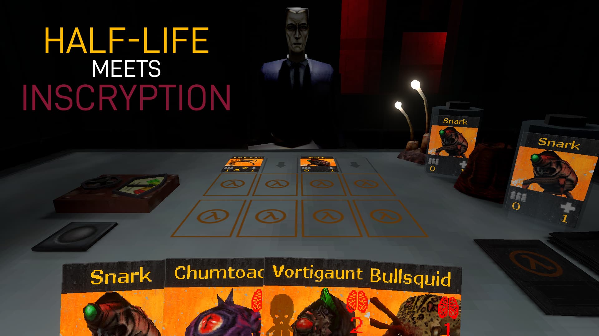 The G-Man from Half-Life 1 sits across a table with HL1 themed playing cards.